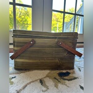 Vintage Faux Wood Metal Tin Picnic Basket with Oak Handles
